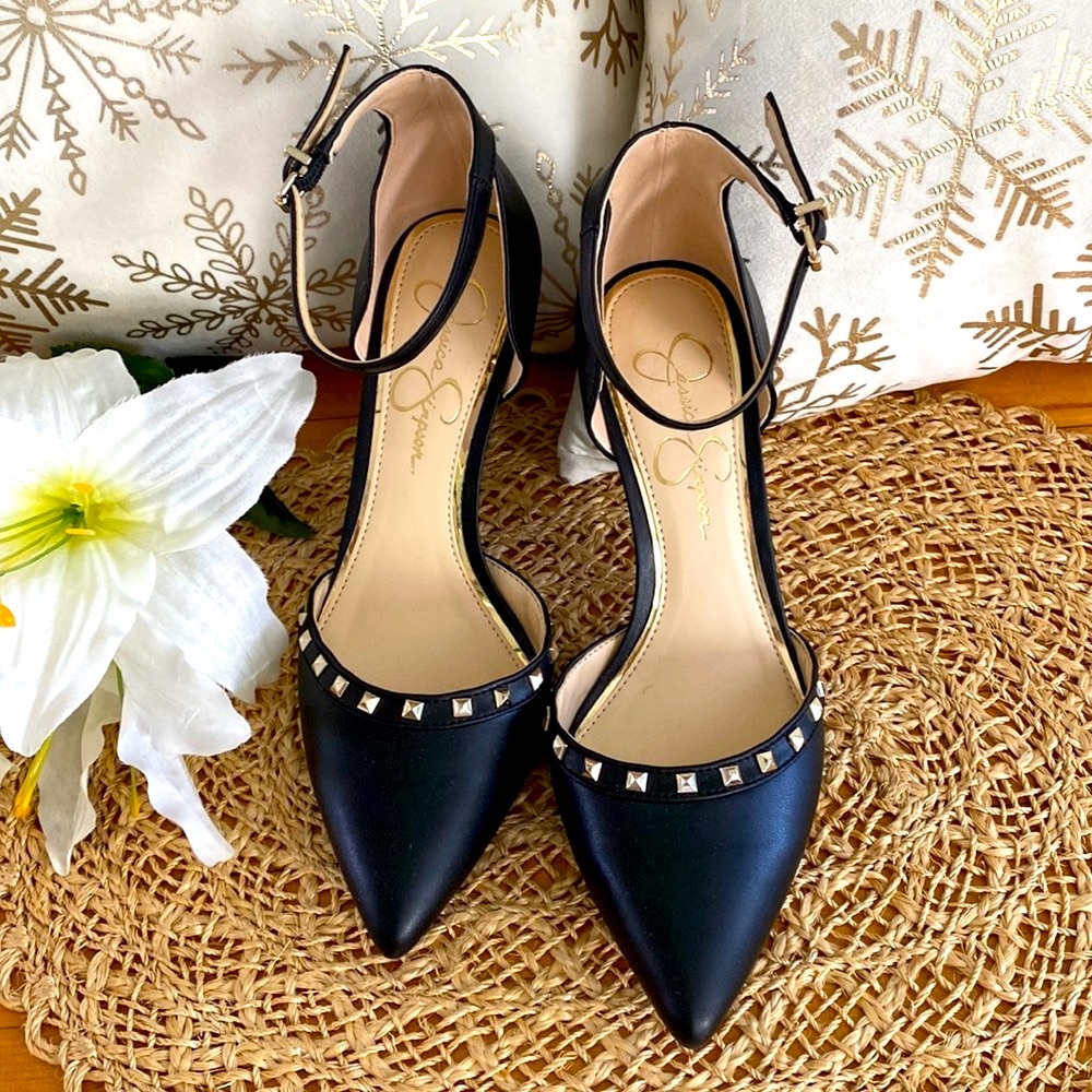 Jessica Simpson 'Lyviana' 3-1/2" Black Heels with Gold Studs, Size 9.5